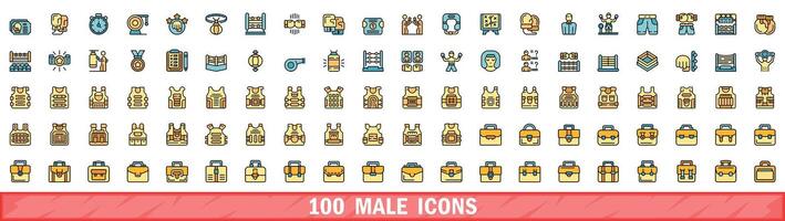100 male icons set, color line style vector