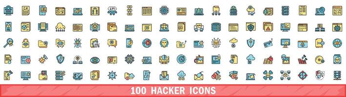 100 hacker icons set, color line style vector