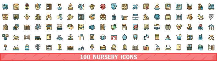 100 nursery icons set, color line style vector