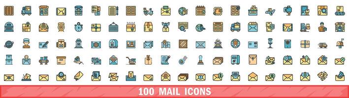 100 mail icons set, color line style vector