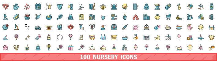 100 nursery icons set, color line style vector