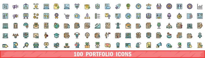 100 portfolio icons set, color line style vector