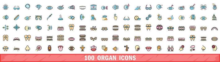 100 organ icons set, color line style vector