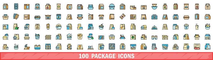 100 package icons set, color line style vector