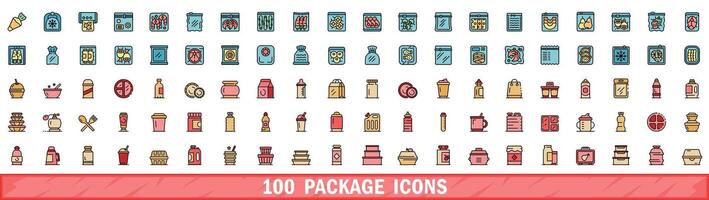 100 package icons set, color line style vector