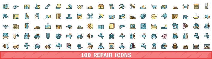 100 repair icons set, color line style vector