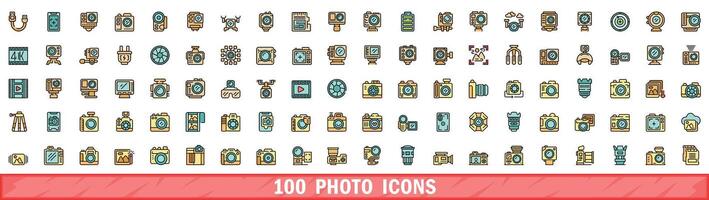 100 photo icons set, color line style vector