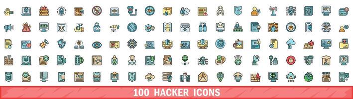 100 hacker icons set, color line style vector