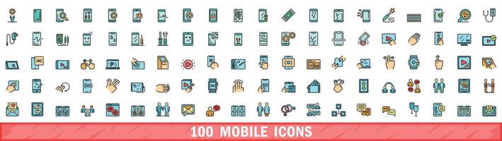 100 mobile icons set, color line style vector