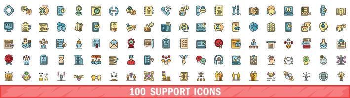 100 support icons set, color line style vector