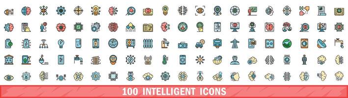 100 intelligent icons set, color line style vector