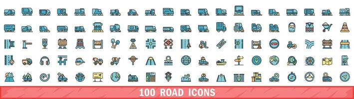 100 road icons set, color line style vector