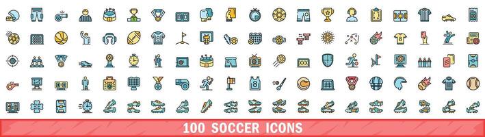 100 soccer icons set, color line style vector