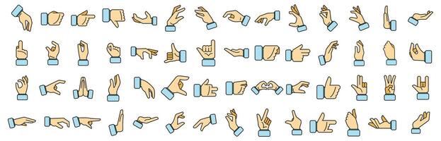 Hand gestures icons set color line vector