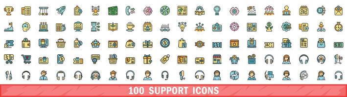 100 support icons set, color line style vector