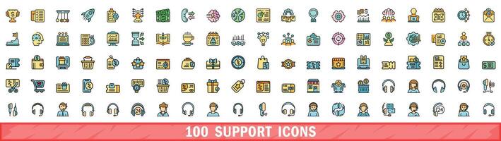 100 support icons set, color line style vector