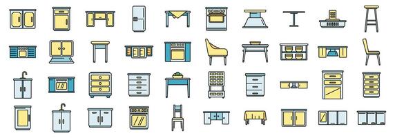Kitchen furniture icons set color line vector