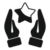Hands keep care on star icon simple . Win idea vector