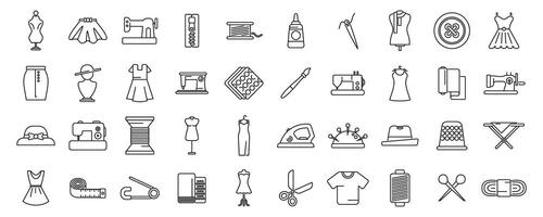 Fashion workshop icons set outline . Sewing factory vector