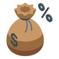 Percent money bag icon isometric . Dollar finance vector