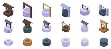 Old water well icons set isometric . Wood stone vector