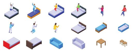 Kids jumping bed icons set isometric . Play activity vector