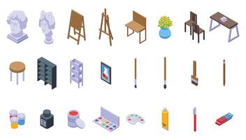 Art studio room interior icons set isometric . Paint drawing vector