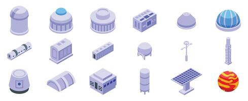 Mars observatory icons set isometric . Planet colony vector