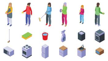 Housewife cleaning kitchen icons set isometric . Messy woman vector