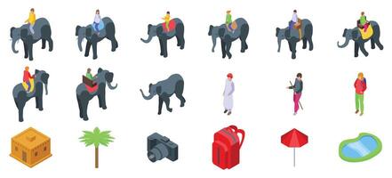Elephant rides icons set isometric . Indian boy vector