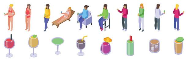 Woman drink cocktail icons set isometric . Fashionable girl vector