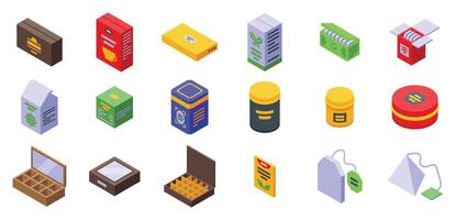 Tea box icons set isometric . Drink bag vector