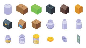 Money box tips icons set isometric . Glass savings vector