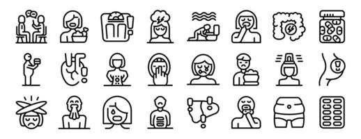 Bulimia icons set outline . Fat weight vector