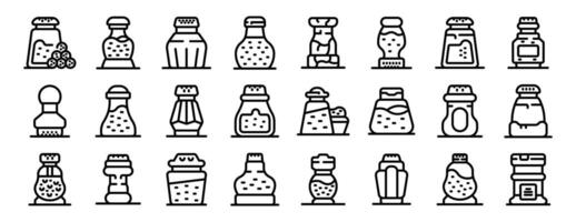 Pepper shaker icons set outline . Glass handle pot vector