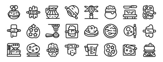 Rolling dough wooden pin icons set outline . Hand baking vector