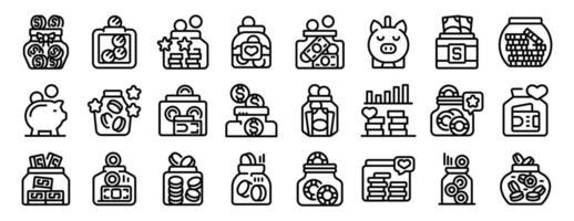 Money box tips icons set outline . Donation savings vector