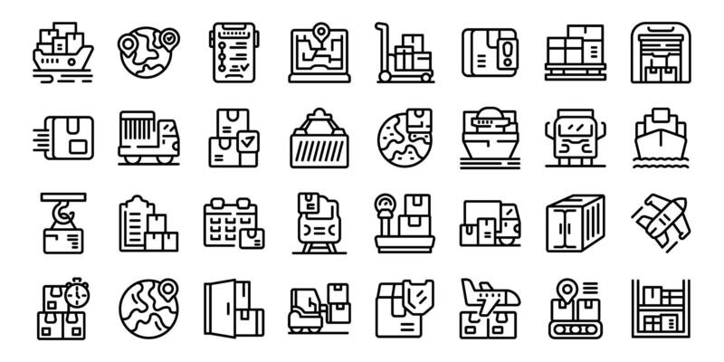 Airplane transport logistics icons set outline . Delivery distribution