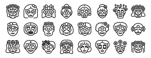 Mexican female skull icons set outline . Dead lady vector