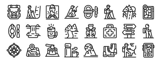 Man trekking travel icons set outline . Tourist mountain vector