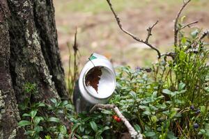 basura en el bosque. vacío frasco. foto