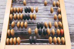 Vintage wooden abacus on old board surface. photo