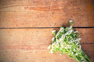 blanco jardín pequeño manzanilla flores en de madera antecedentes. sencillo ramo de flores en antiguo tableros textura. foto