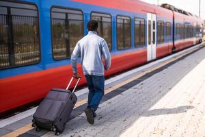 hombre corriendo a un dejando tren a lo largo ferrocarril estación con maleta. foto