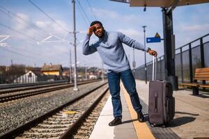 contento hombre mirando lejos mientras en pie en un ferrocarril estación. foto