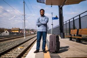 enojado hombre con un maleta en pie en un ferrocarril estación. foto