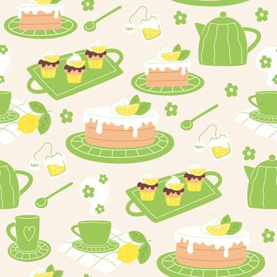 Seamless pattern with a lemon cake and hot drink
