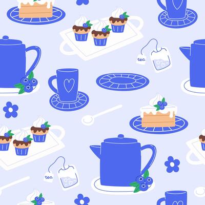 Seamless pattern with a blueberries cake and hot drink