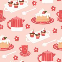 Seamless pattern with a strawberry cake and hot drink vector