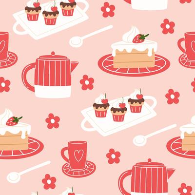 Seamless pattern with a strawberry cake and hot drink